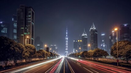 China's Shanghai at night, showing the asphalt road and metropolitan skyline with contemporary office buildings.  AI generator