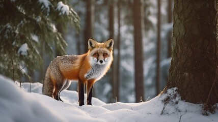 Fox in a winter woodland. AI generator