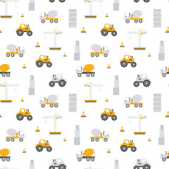 Concreate mixer, crane, truck, safety barrier and buildings seamless patterns for kids. Repeatable vector illustration. Creative kids texture for fabric, wrapping, textile, wallpaper, apparel etc. 