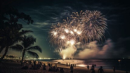 Fireworks are used at the New Year's party celebration at night on the beach.  AI generator