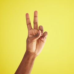 I like it twice. Studio shot of an unrecognisable man making a peace sign against a yellow background.