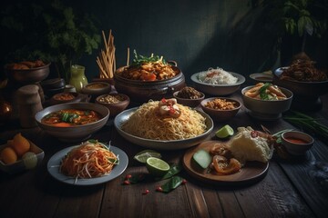 Delicious Thai cuisine laid out on table. Generative AI