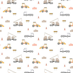 Bulldozer, crane, road barrier and safety wall seamless kids pattern. Repeatable vector illustration. Creative kids texture for fabric, wrapping, textile, wallpaper, apparel etc.  © ashangamage93