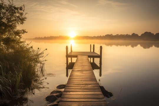 Sunrise view at a lake. Generative AI. © eyetronic