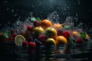 Fototapeta na wymiar Fruits & veggies falling into dark water. Generative AI