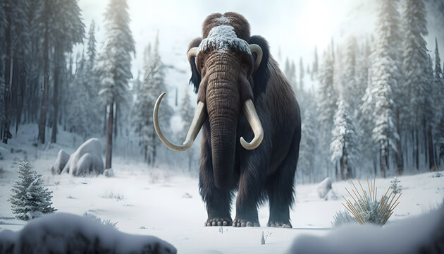 Woolly mammoth with sunlight, prehistoric animal in landscape frozen forest ice age. Generation AI