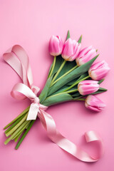 Mothers day, women day gift. Pink tulips bouquet tied with satin ribbon. Generative AI