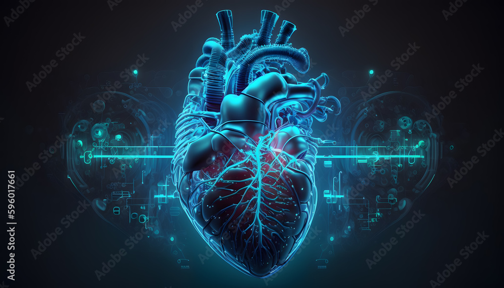 Wall mural Abstract image of technological heart with artificial intelligence, cyber man blue banner. Generation AI - Wall murals