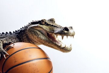 Obraz premium Crocodile Basketball Slam Dunk Winner Playing Basketball With Copyspace Generative AI