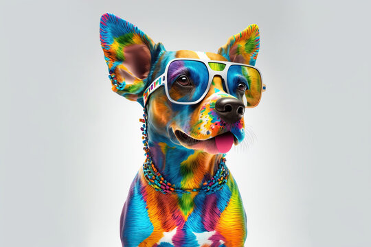 Cartoon colorful dog with sunglasses on white background. Created with generative Ai