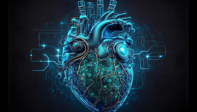 Abstract image of technological heart with artificial intelligence, cyber man blue banner. Generation AI