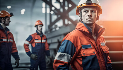 Fototapeta premium Team worker industry, engineer of Petrochemical oil rig, gas electricity. Generation AI