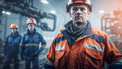 Obraz premium Team worker industry, engineer of Petrochemical oil rig, gas electricity. Generation AI