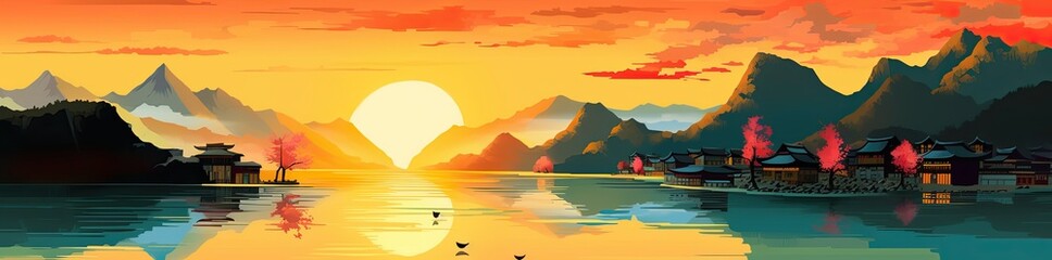 Calm lake water during the sunset. Wonderful colours. Generative AI
