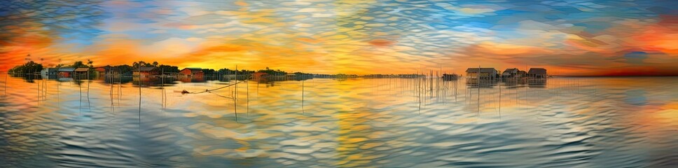 Obraz na płótnie Canvas Calm sea or lake water during the sunset. Wonderful colours. Generative AI