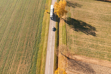 Truck goes on the road in autumn. car transport . Truck with semi-trailer in gray color.  Transport...
