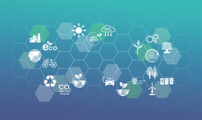 Net Zero and Carbon Neutral Concept Background. Sustainable and Environmentally-Friendly Business and Technology Goals Focused on Emission Reduction, Environment Protection, and Global Sustainability