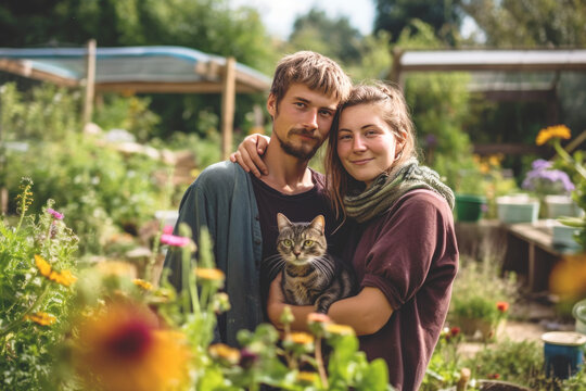 Young couple portraits outdoors.Self-sustaining concept of living in nature and community of more people. Generative AI.