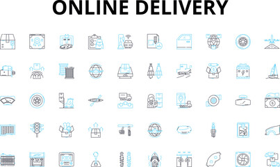 Fototapeta na wymiar Online Delivery linear icons set. Convenience, Speed, Efficiency, Accessibility, Reliability, Quality, Service vector symbols and line concept signs. Options,Availability,Tracking illustration