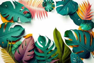 Creative layout made of colorful tropical leaves with copy space for text, created with Generative Ai Technology