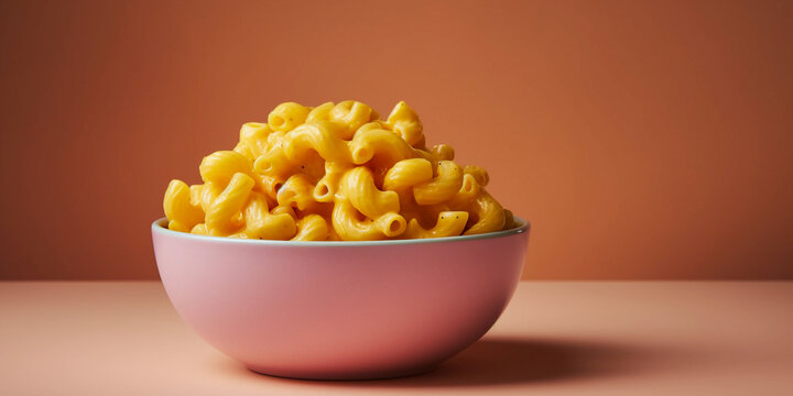 Bowl Of Tasty And Creamy Mac And Cheese, Isolated On A Light Pink Background, Created With Generative Ai