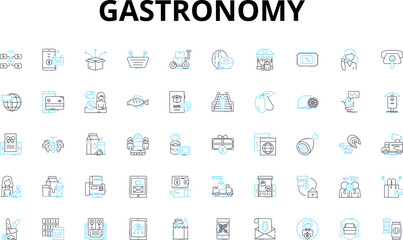 Gastronomy linear icons set. Cuisine, Food, Culinary, Gourmet, Savory, Delicious, Flavorful vector symbols and line concept signs. Tasty,Palatable,Mouthwatering illustration
