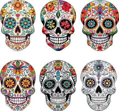Sugar Skulls. Day of the Dead Skull, isolated on white background. Dia de los Muertos. Mexican sugar skull. Design element for logo, emblem, sign, poster, card, banner. Vector illustration.