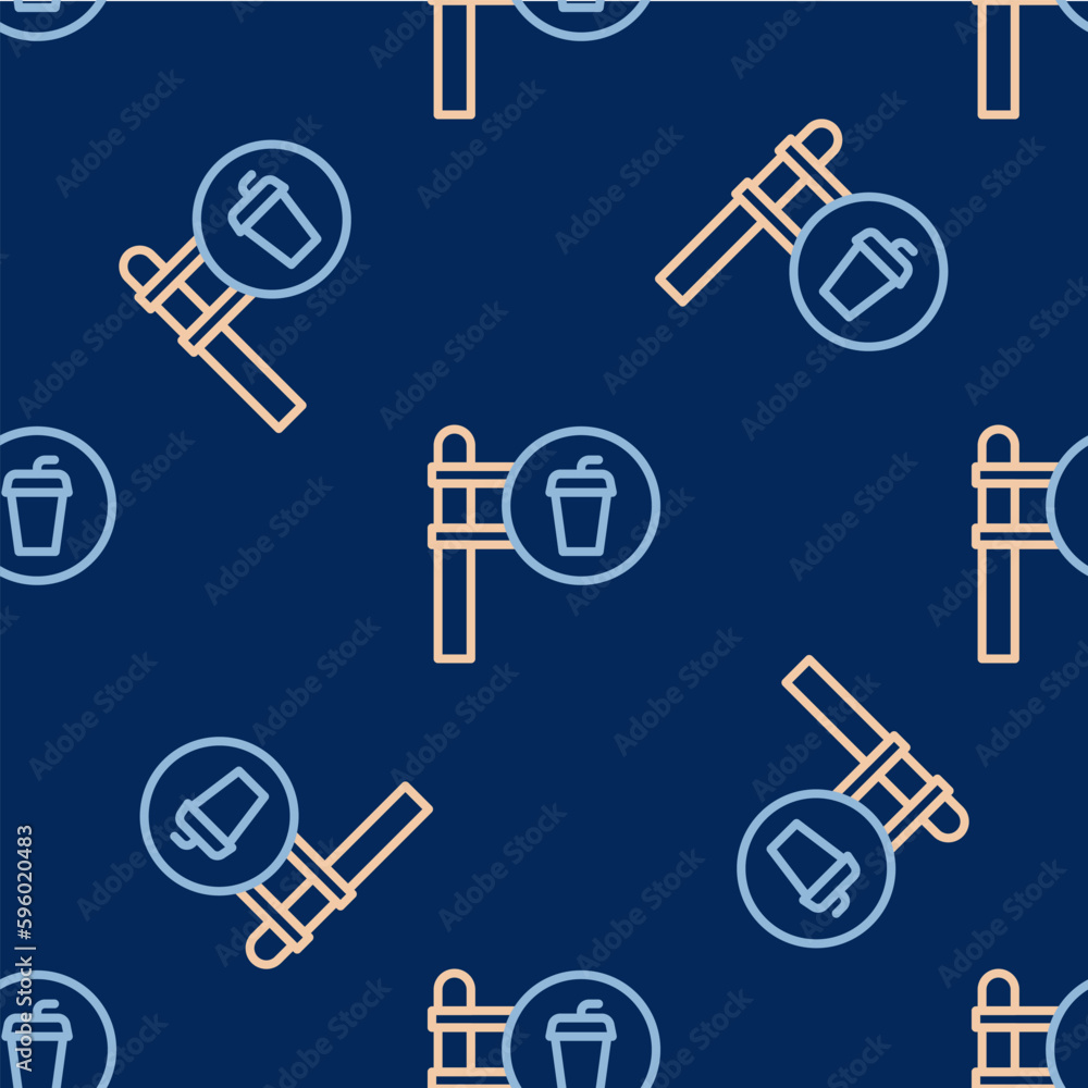 Poster line cafe and restaurant location icon isolated seamless pattern on blue background. fork and spoon 