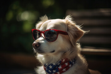 Cute dog with sunglasses and American flag. AI Generated.
