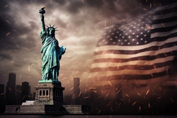 Fototapeta premium 4th of July USA Independence Day background. American flag with the liberty of statue. AI Generated.