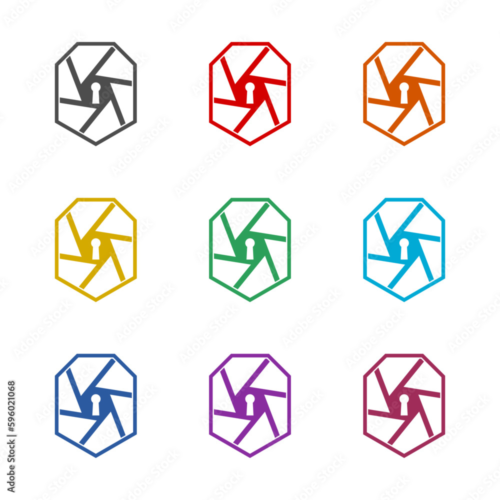 Poster security camera with shield icon isolated on white background. set icons colorful