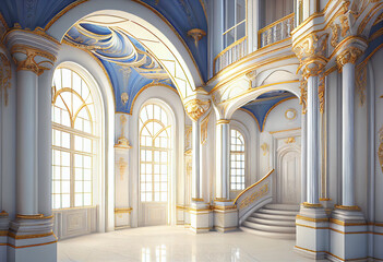 Fototapeta premium Photorealistic interior of a castle or palace decorated with blue ornamental stone and gold. AI generative.