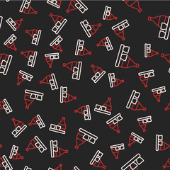 Line Bottle of sake, small cup of sake icon isolated seamless pattern on black background. Vector