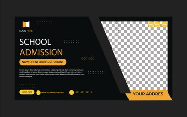 school admission 2025 banner for your school with white and yellow color., social media cover banner design, real estate web banner design template