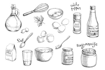 Vector hand-drawn set of ingredients for a mayonnaise recipe isolated on a white background. Illustrations for cooking a classic homemade sauce.