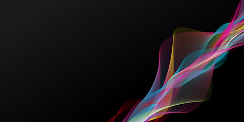 Fototapeta na wymiar Dark abstract background with bright colorful waves. Shiny moving line design element. Modern blue red purple pink yellow green gradient flowing wave line. Futuristic technology concept.