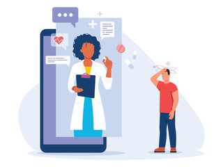 Vector illustration of a consultation with a doctor over the phone. Cartoon scene with a doctor who conducts medical diagnosis online and a guy who is not feeling well isolated on a white background.