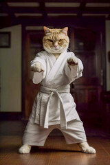 Cat doing karate, antrophomorfic cat in a sporting position, Generative AI