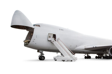 Wide body cargo aircraft with an open nose hatch isolated on white background