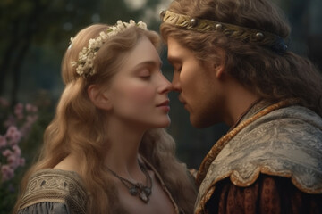 prince and princess kissing in garden, illustration of medieval novel, created with Generative AI Technology