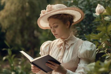 Woman in Victorian epoch style clothes reading novel book in garden, created with Generative AI Technology