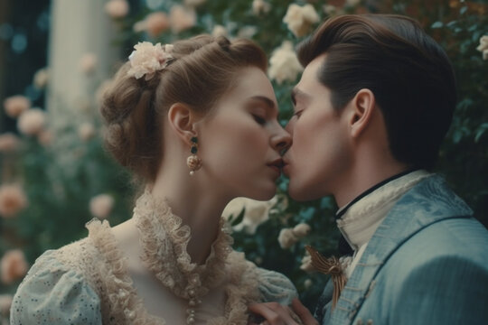 kissing couple dressed as characters from Victorian love story book cover in garden in spring time, created with Generative AI Technology