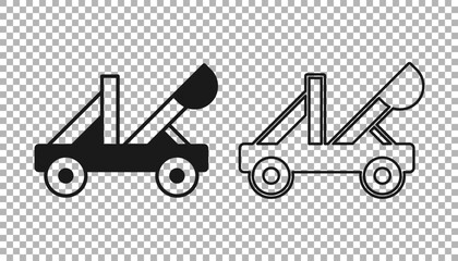Black Old medieval wooden catapult shooting stones icon isolated on transparent background. Vector
