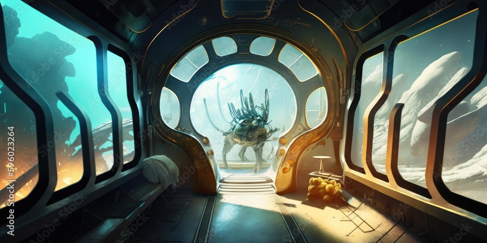 Poster futuristic interior of spaceship inside of hallway. superlative generative ai image.