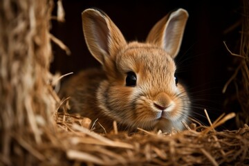 Fototapeta premium A basket of baby rabbit peeking over the rim, bright eyes full cuteness. Generative AI