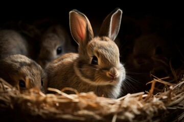 Fototapeta na wymiar A basket of baby rabbit peeking over the rim, bright eyes full cuteness. Generative AI