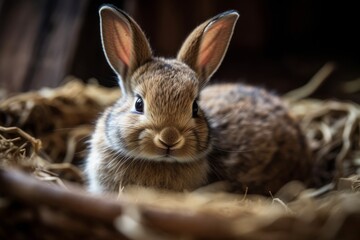 Fototapeta premium A basket of baby rabbit peeking over the rim, bright eyes full cuteness. Generative AI