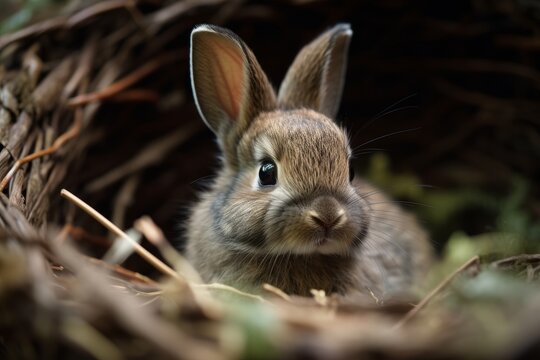 A basket of baby rabbit peeking over the rim, bright eyes full cuteness. Generative AI