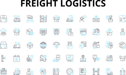 Freight logistics linear icons set. Shipping, Transport, Supply Chain, Warehousing, Distribution, Trucking, Cargo vector symbols and line concept signs. Rail,Airfreight,Freight forwarder illustration - obrazy, fototapety, plakaty