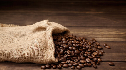 Fresh old sack of coffee grains and brown old wall background, Generative Ai